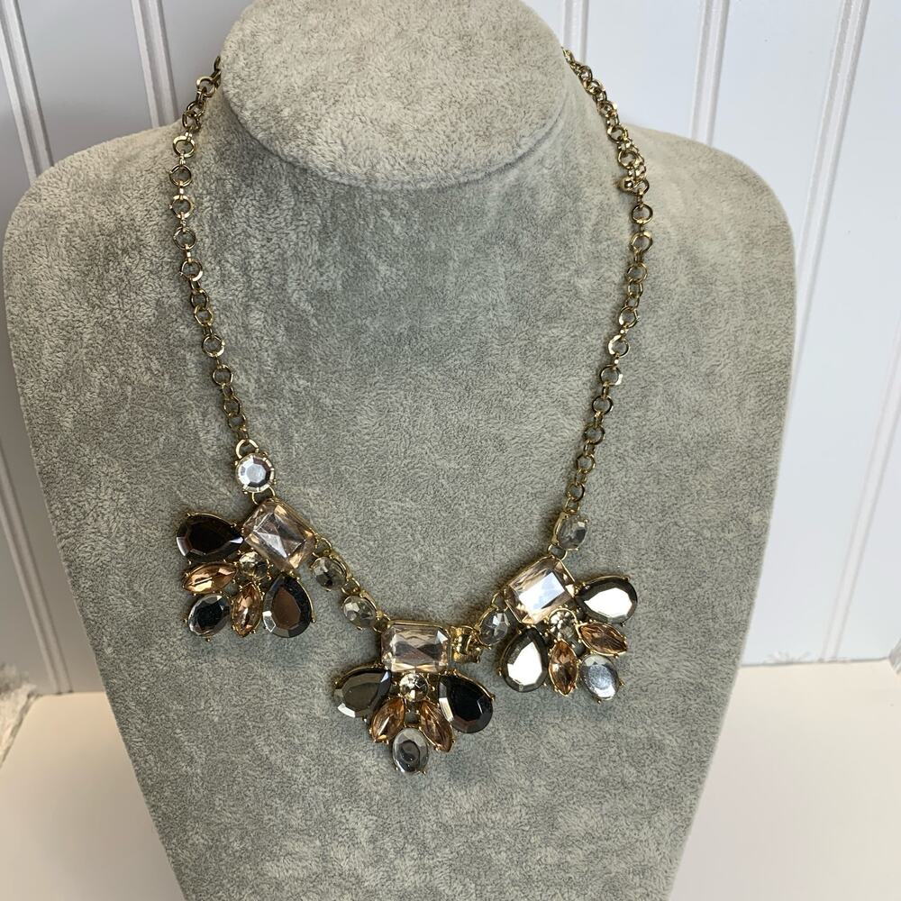 Gold Rhinestone Statement Necklace Champagne Gray Clear 23.5"